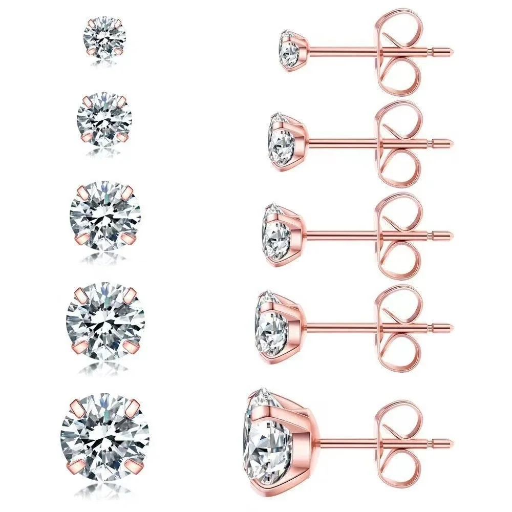 316 Stainless Steel Round CZ Four-Prong Stud Earrings - Rose Gold Butterfly Back