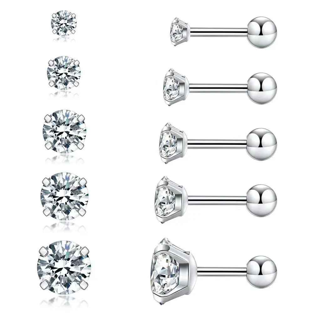 316 Stainless Steel Round CZ Four-Prong Stud Earrings - Silver Ball Back