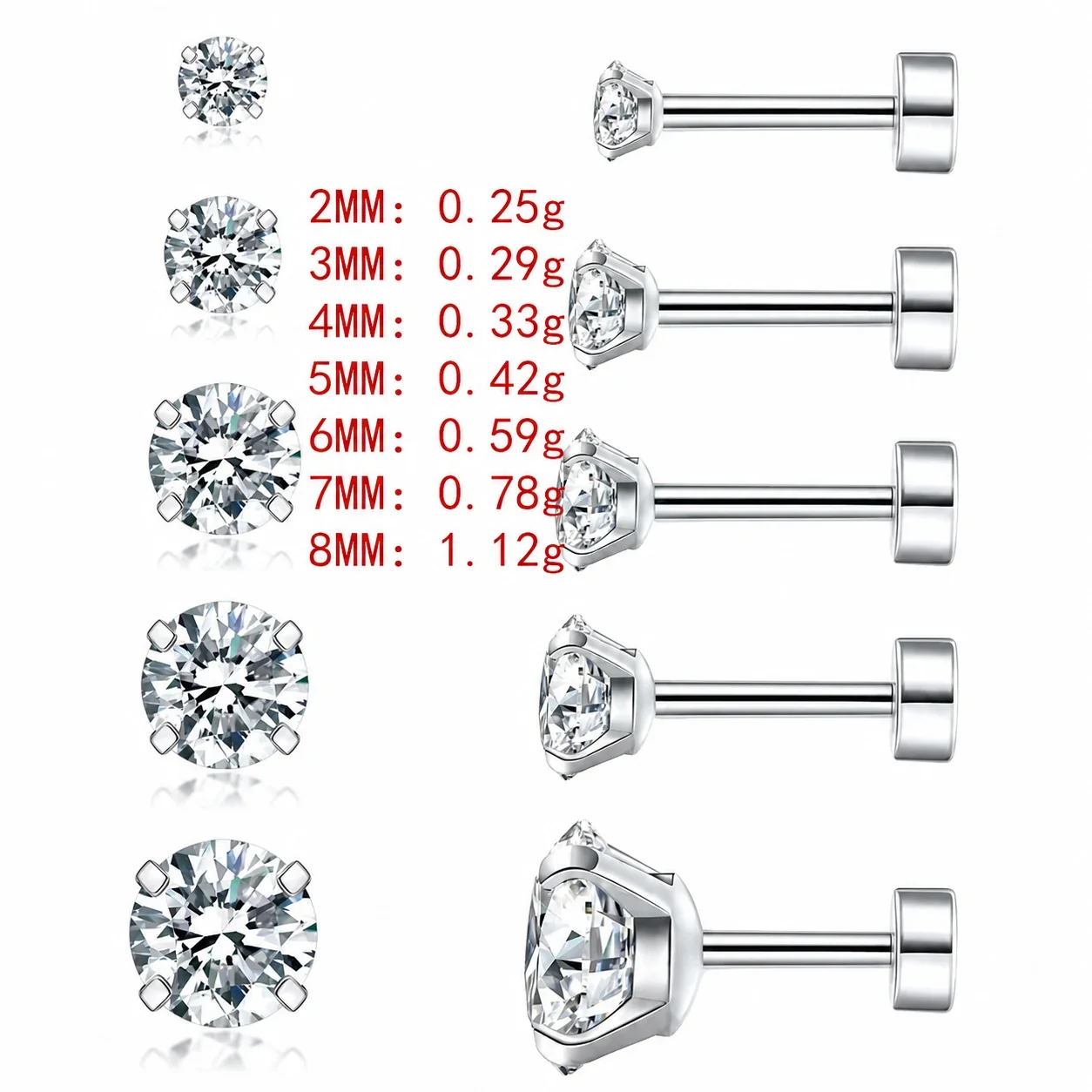 316 Stainless Steel Round CZ Four-Prong Stud Earrings - Silver Flat Disc Back