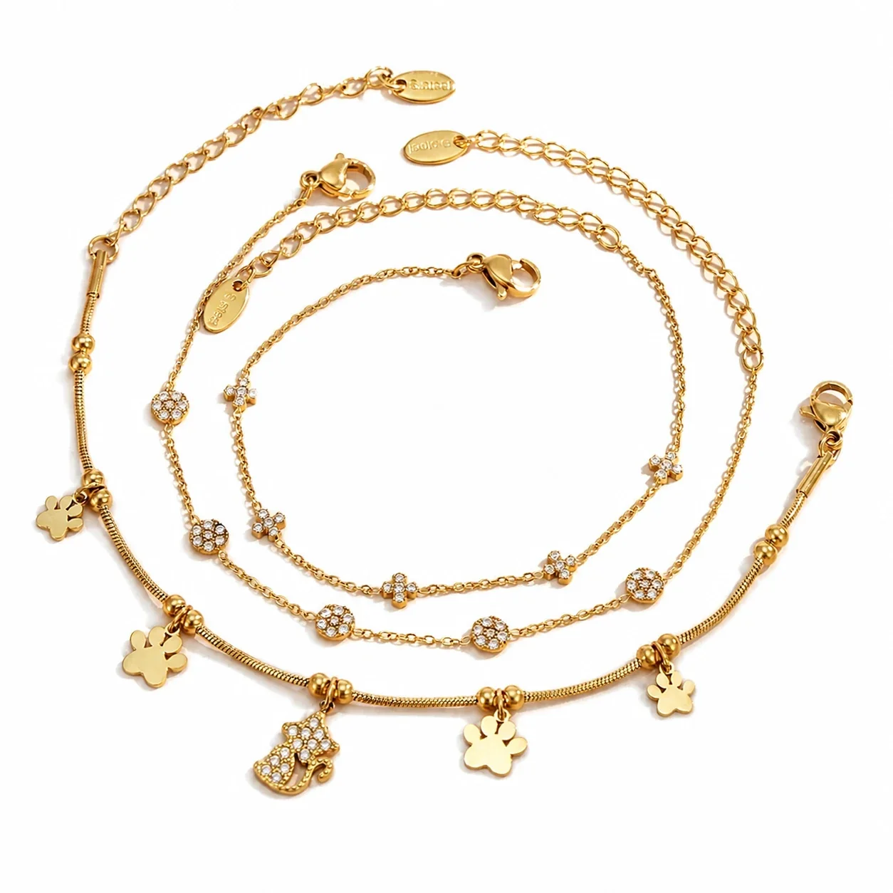 Paw Charm 18K Gold PVD 316L Stainless Steel CZ Chain Bracelet