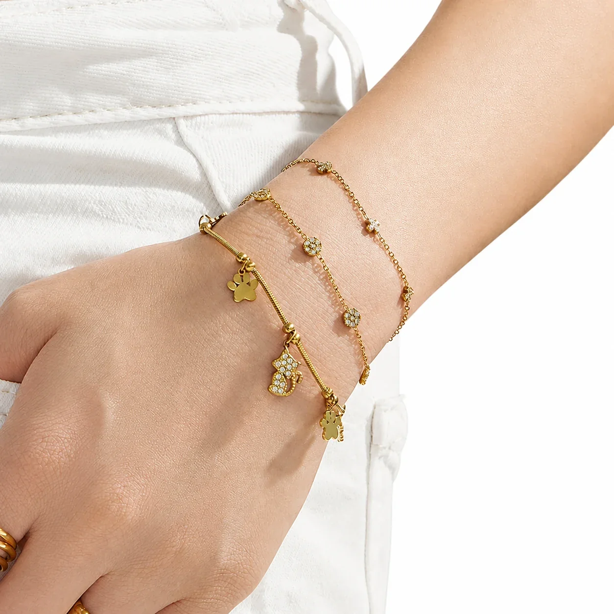 Paw Charm 18K Gold-Plated 316L CZ Chain Bracelet