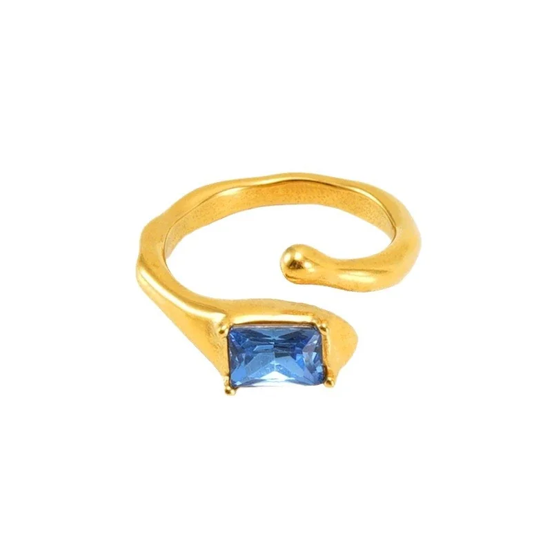 Ornate 18K Gold-Plated Stainless Steel Blue Baguette Ring