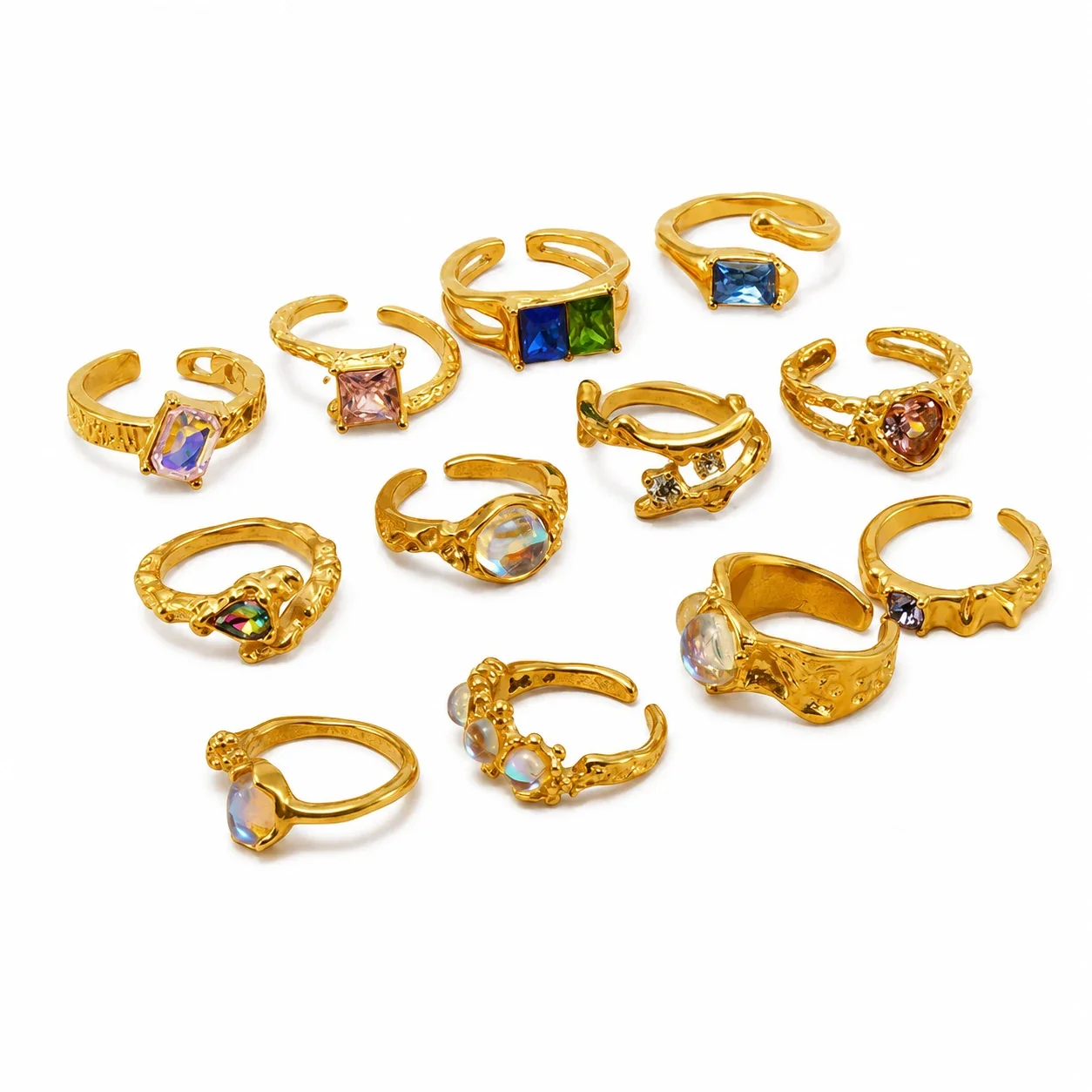 Ornate 18K Gold-Plated Stainless Steel Blue Baguette Ring