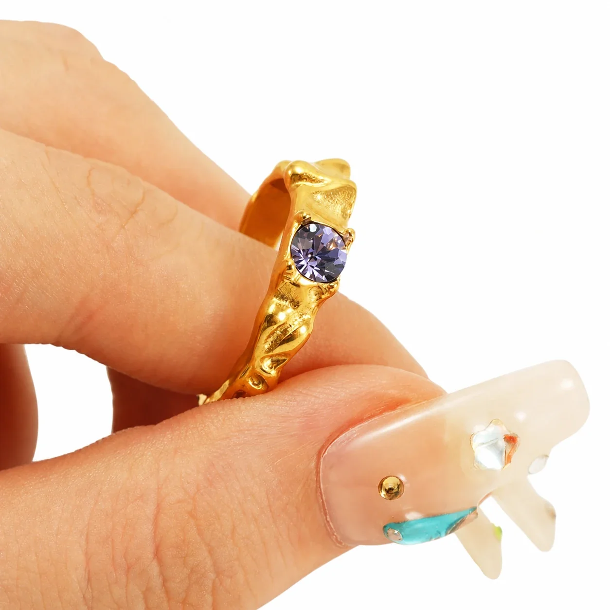 Ornate 18K Gold-Plated Stainless Steel Blue Baguette Ring