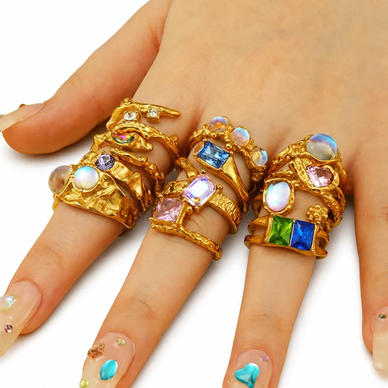 Ornate 18K Gold-Plated Stainless Steel Blue Baguette Ring