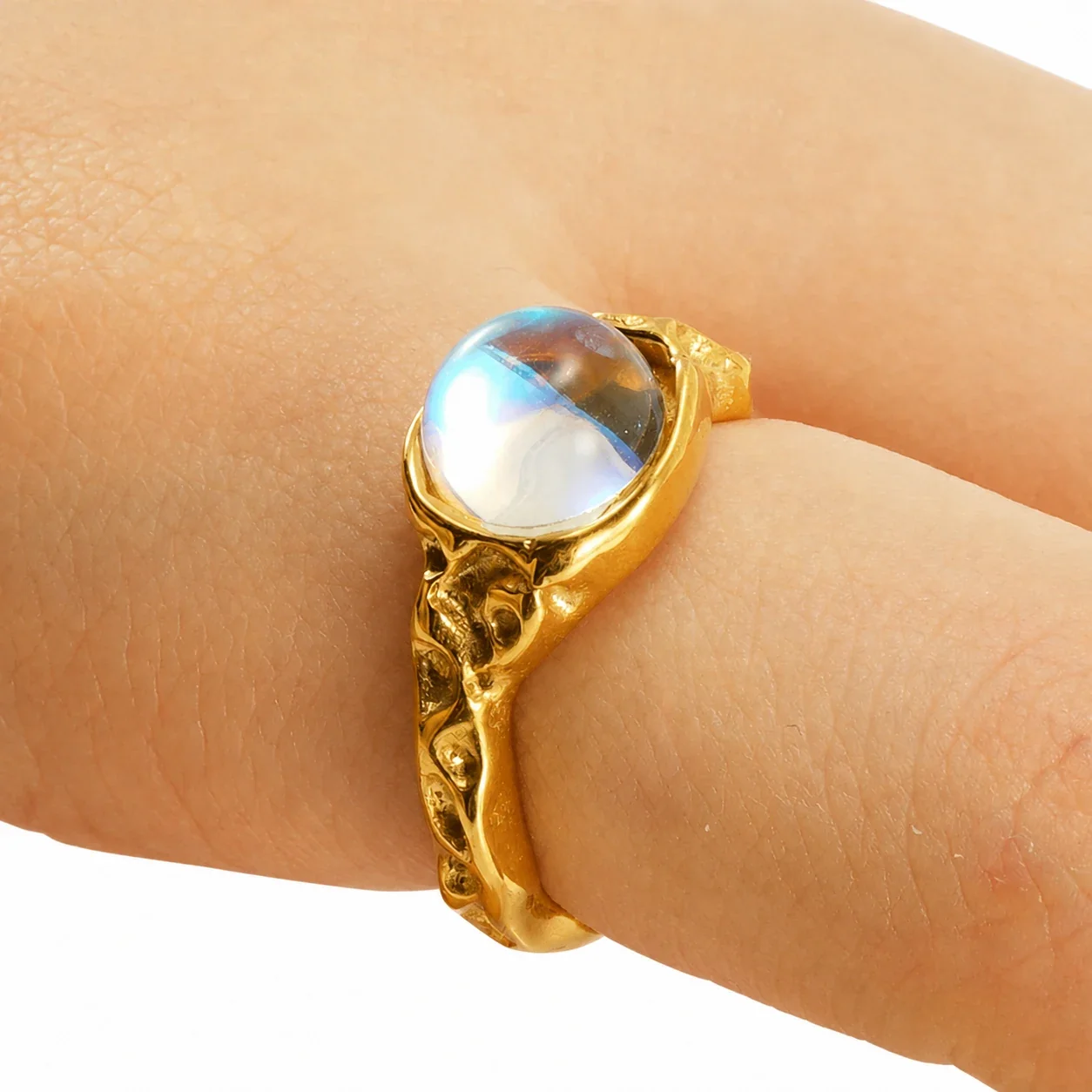 Ornate 18K Gold-Plated Stainless Steel Blue Baguette Ring