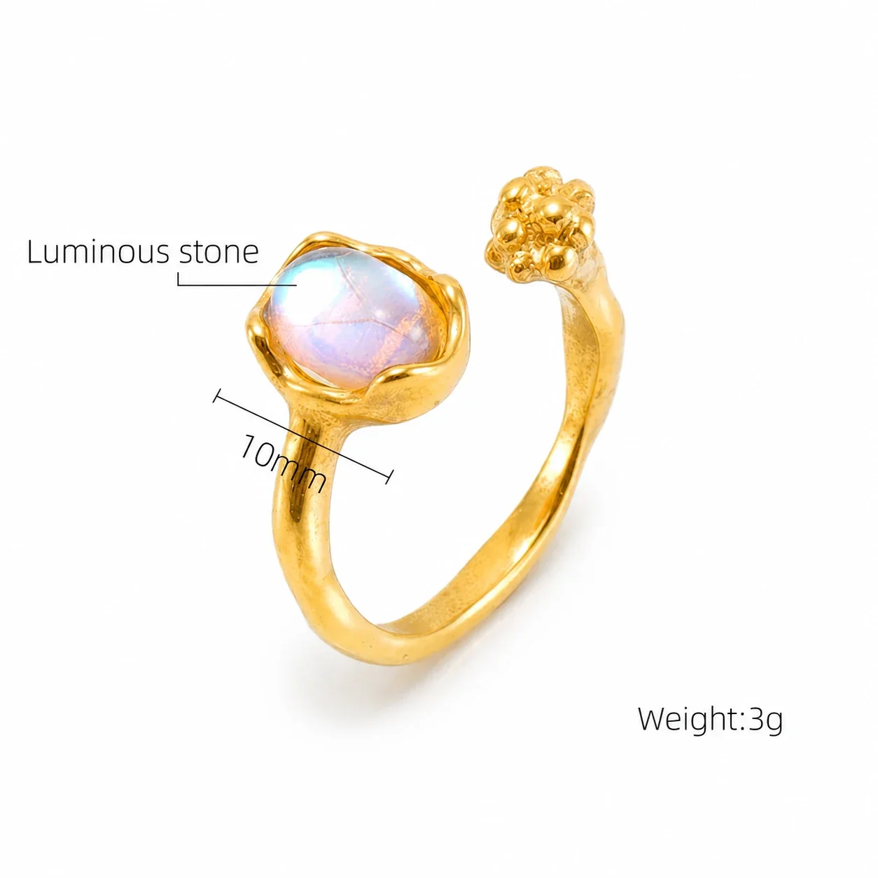 Ornate 18K Gold-Plated Stainless Steel Blue Baguette Ring - Gold Moonstone-Effect Oval