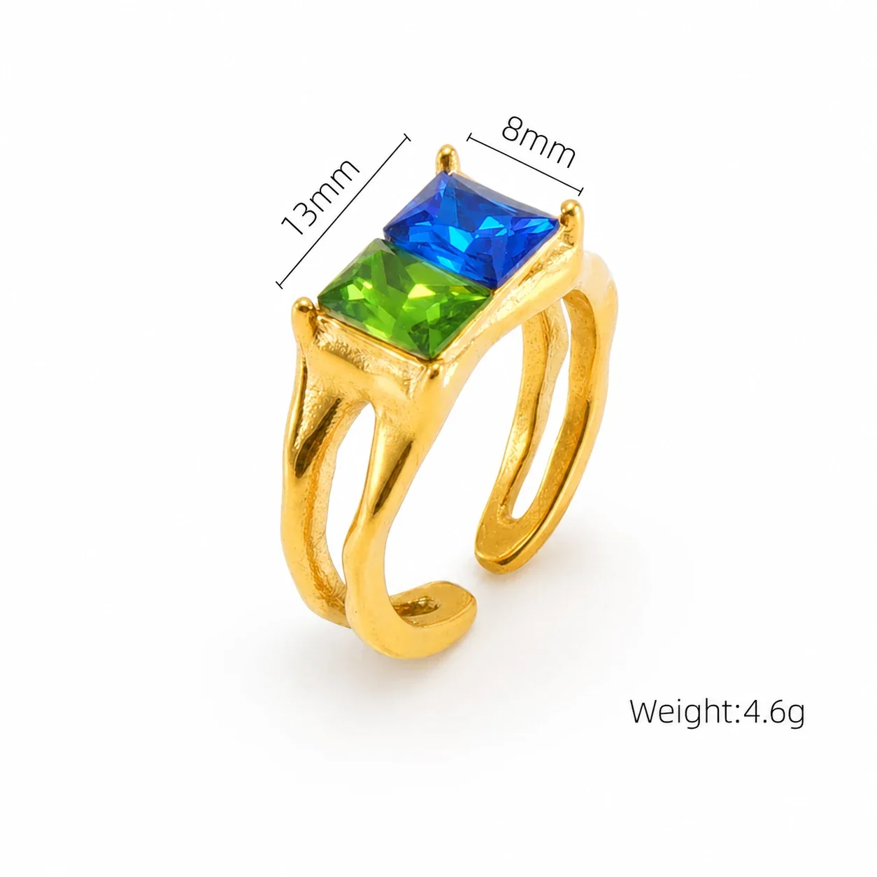 Ornate 18K Gold-Plated Stainless Steel Blue Baguette Ring - Gold Textured Glow Stone
