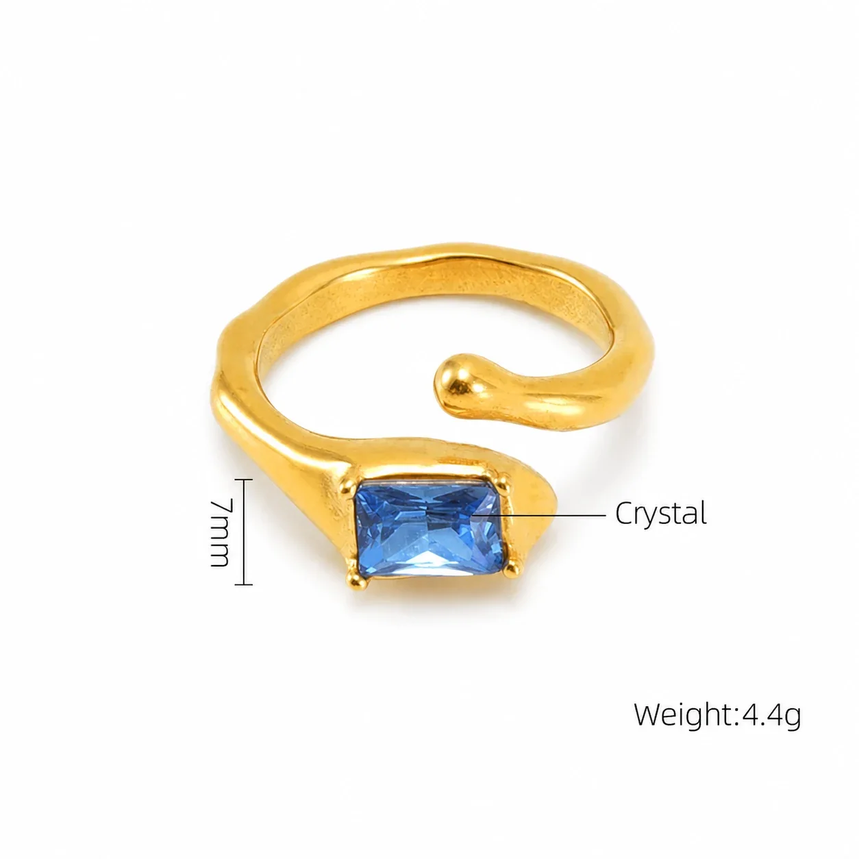 Ornate 18K Gold-Plated Stainless Steel Blue Baguette Ring - Gold Pink Heart