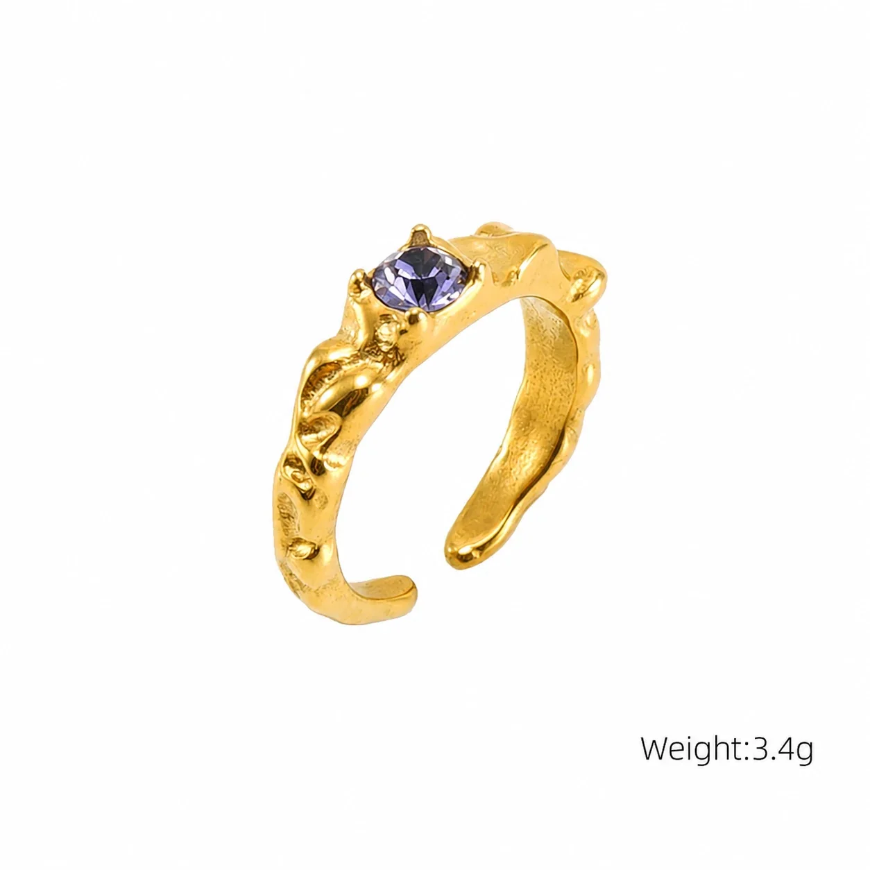 Ornate 18K Gold-Plated Stainless Steel Blue Baguette Ring - Gold Clear Round Trio