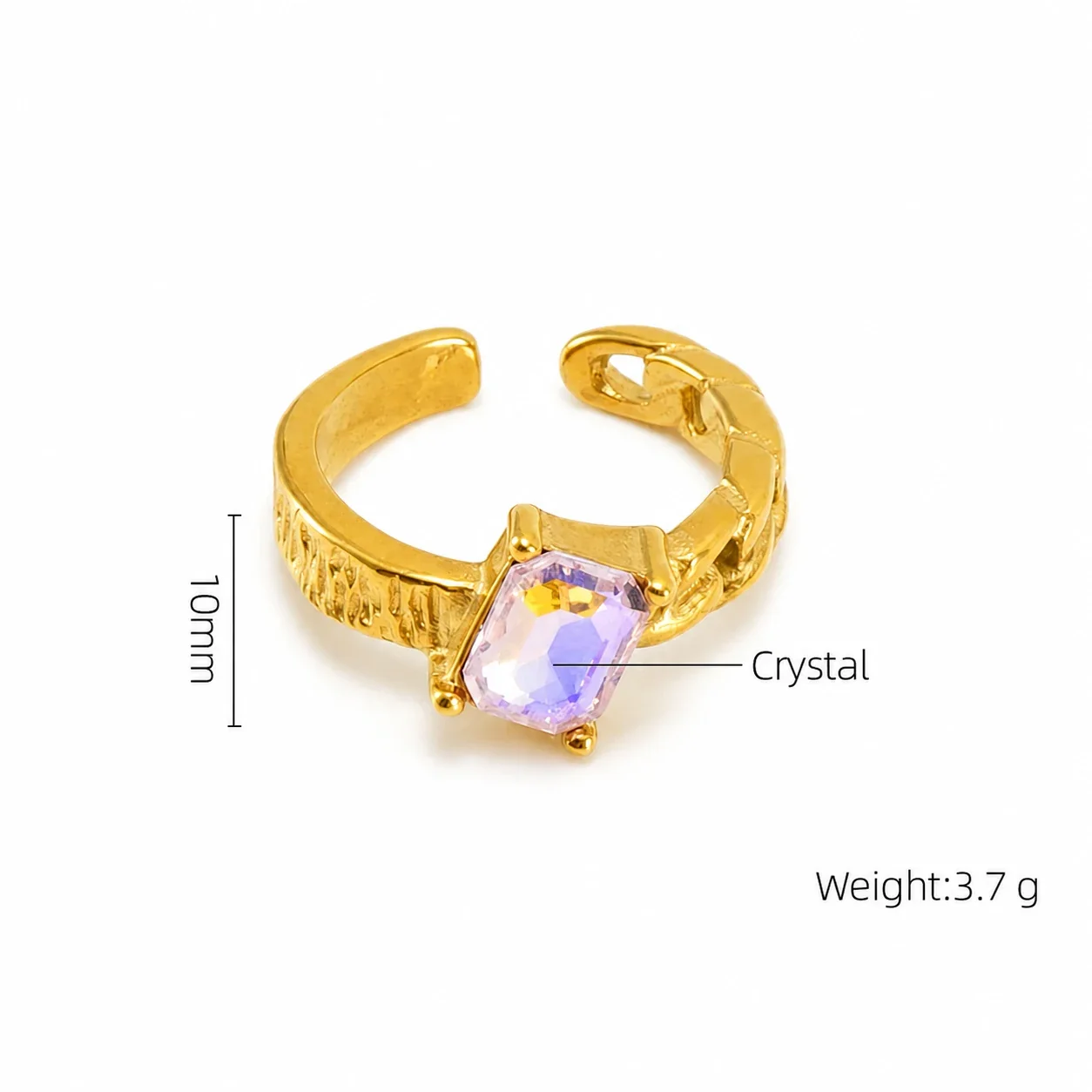 Ornate 18K Gold-Plated Stainless Steel Blue Baguette Ring - Gold Opal-Effect Oval