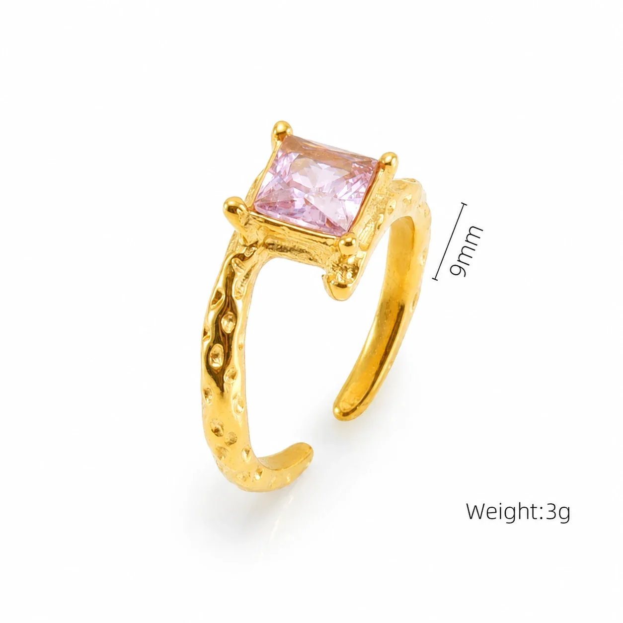 Ornate 18K Gold-Plated Stainless Steel Blue Baguette Ring - Gold Pink Square Rope