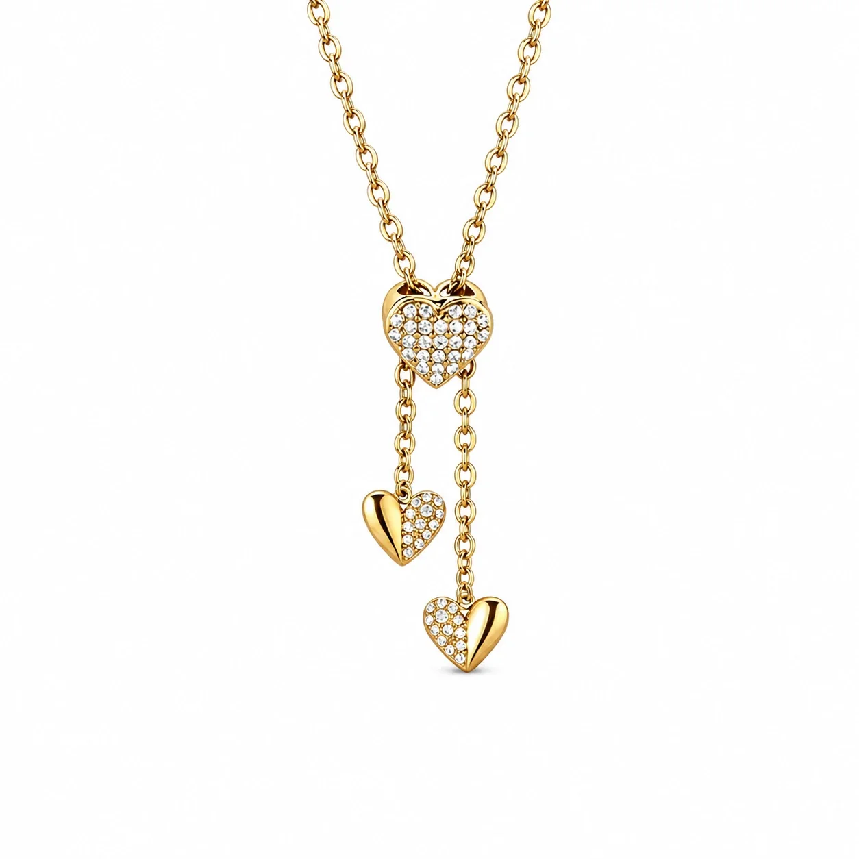 Polished Stainless Steel Pavé Heart Pendant Necklace