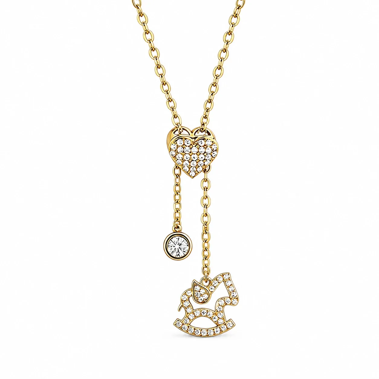 Polished Stainless Steel Pavé Heart Pendant Necklace