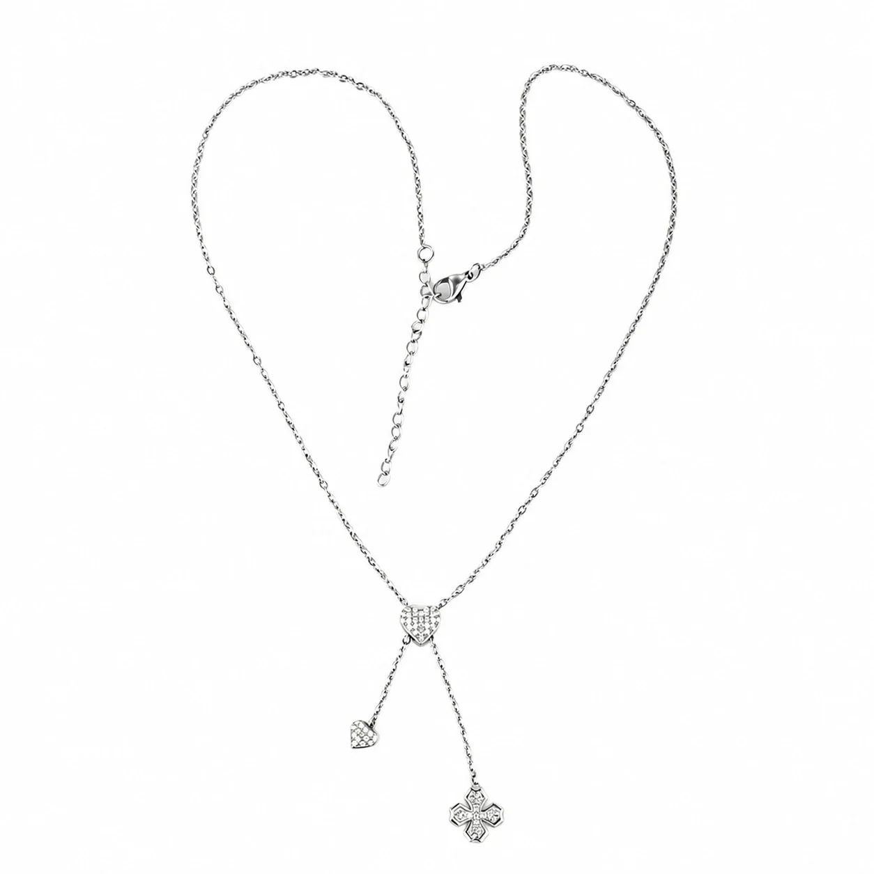 Polished Stainless Steel Pavé Heart Pendant Necklace