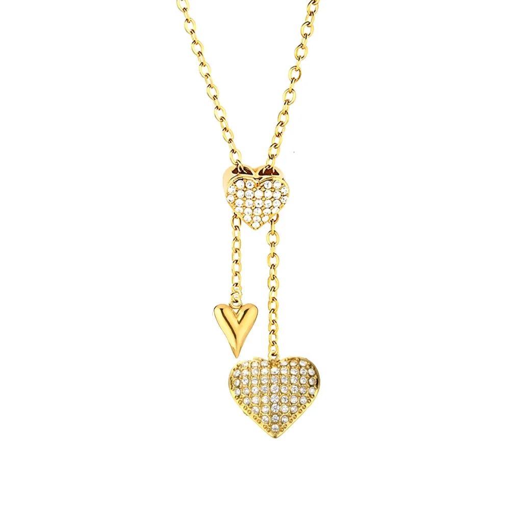 Polished Stainless Steel Pavé Heart Pendant Necklace - Silver Heart F