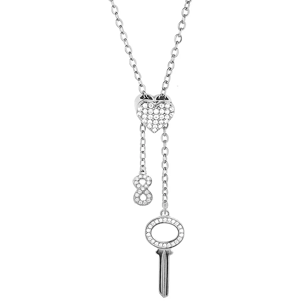Polished Stainless Steel Pavé Heart Pendant Necklace - Silver Key
