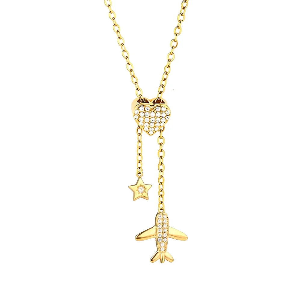 Polished Stainless Steel Pavé Heart Pendant Necklace - Gold Airplane