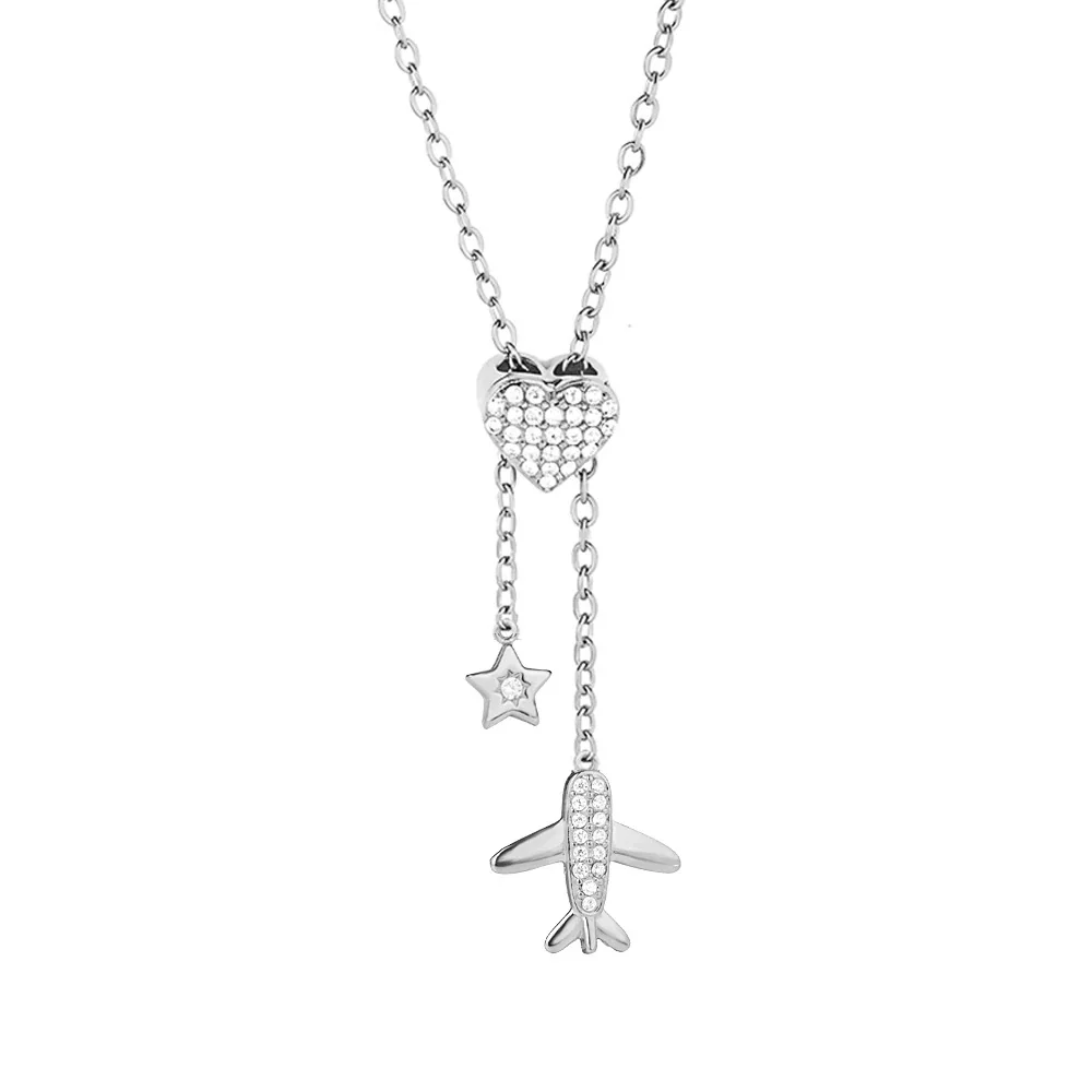 Polished Stainless Steel Pavé Heart Pendant Necklace - Silver Airplane