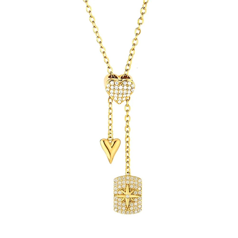 Polished Stainless Steel Pavé Heart Pendant Necklace - Gold Fan