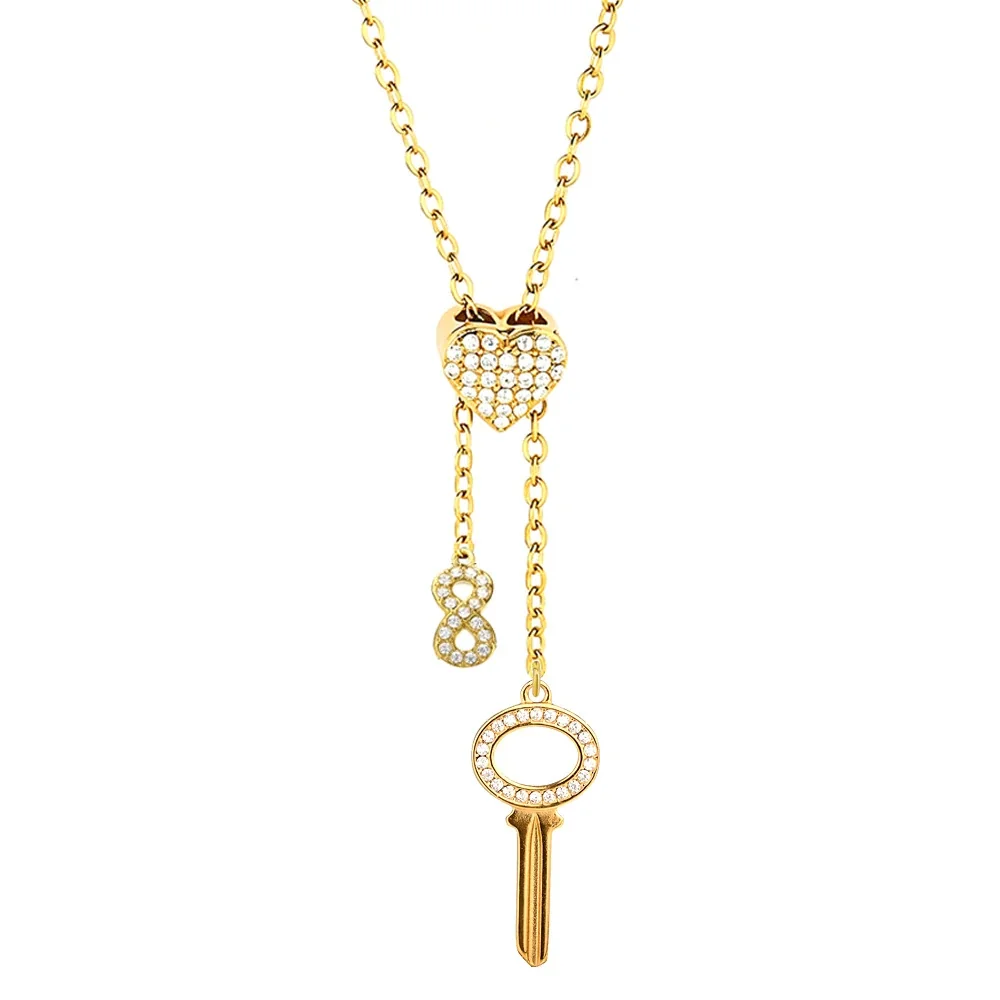Polished Stainless Steel Pavé Heart Pendant Necklace - Gold Cross