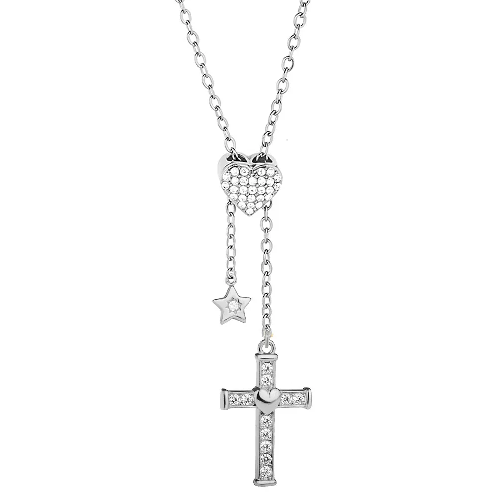 Polished Stainless Steel Pavé Heart Pendant Necklace - Silver Cross
