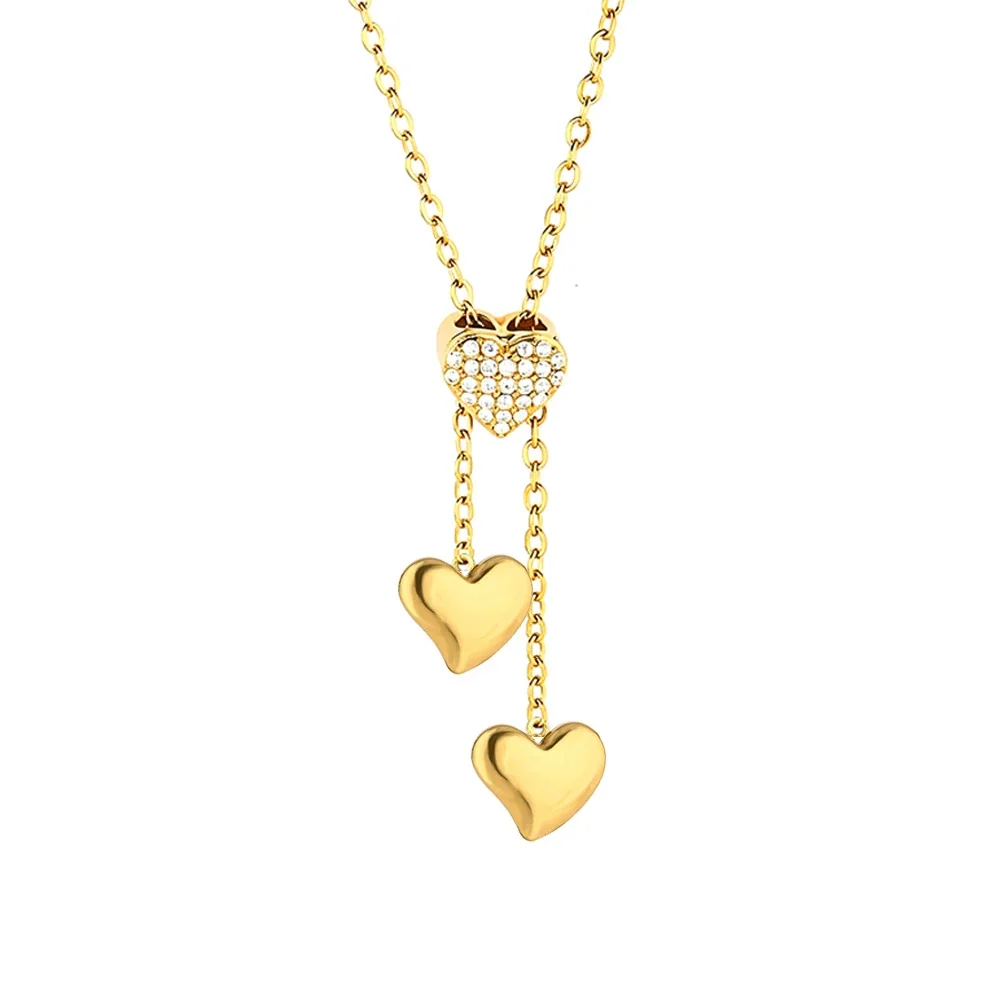 Polished Stainless Steel Pavé Heart Pendant Necklace - Gold Heart A