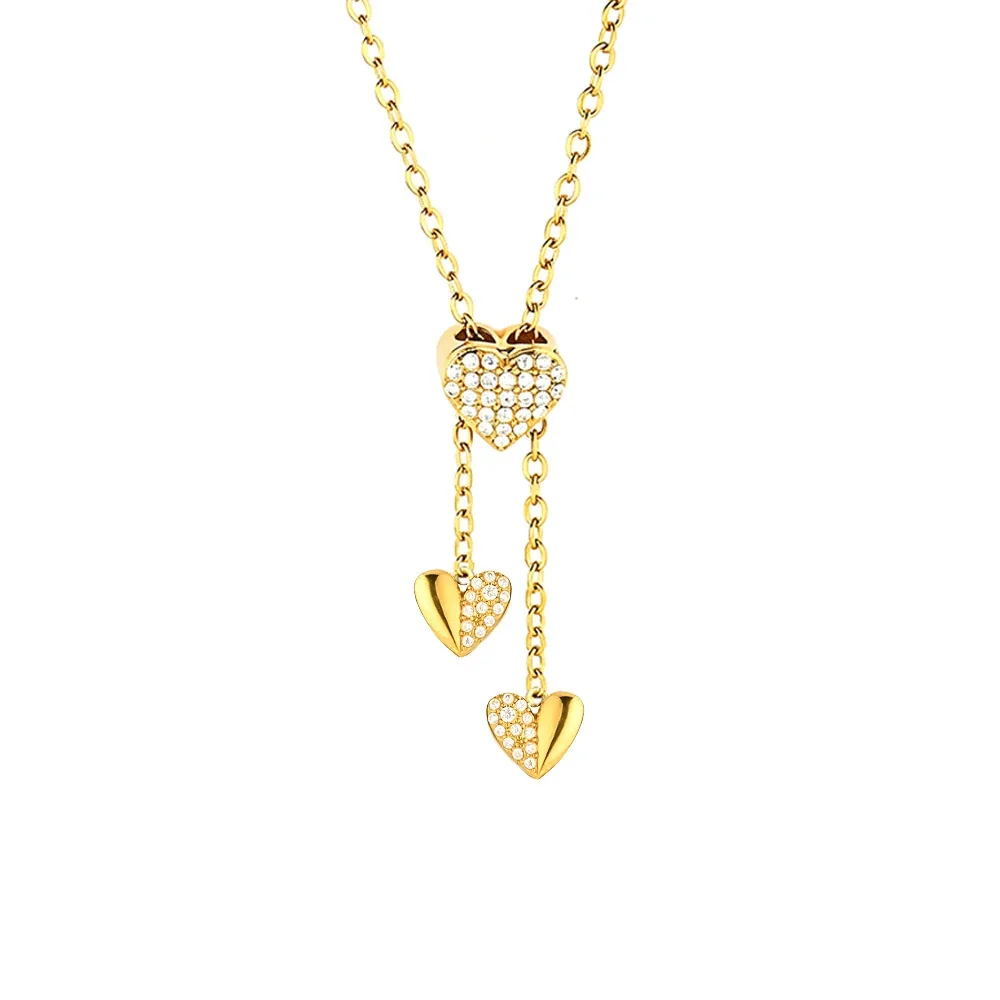 Polished Stainless Steel Pavé Heart Pendant Necklace - Gold Heart B