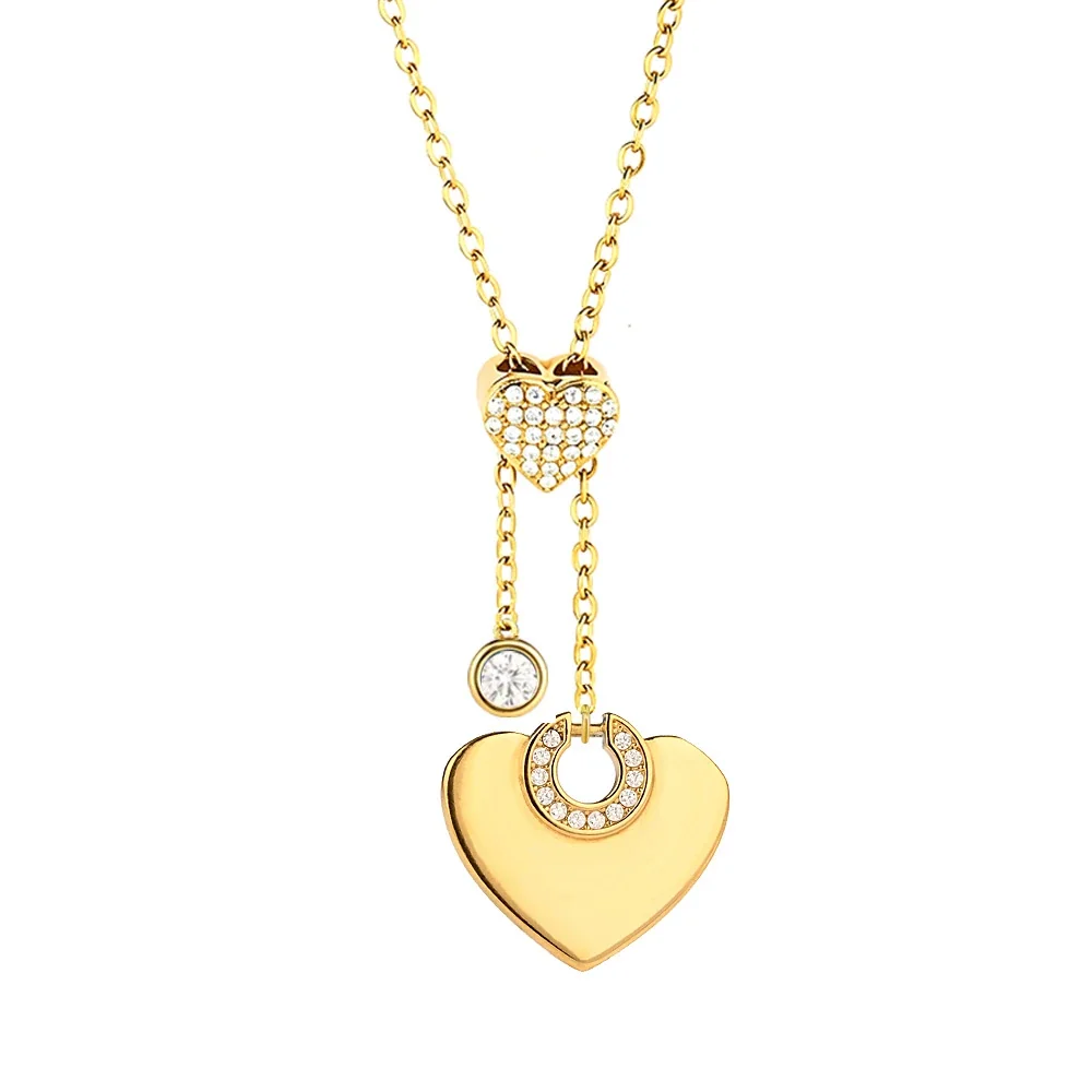 Polished Stainless Steel Pavé Heart Pendant Necklace - Silver Turtle C