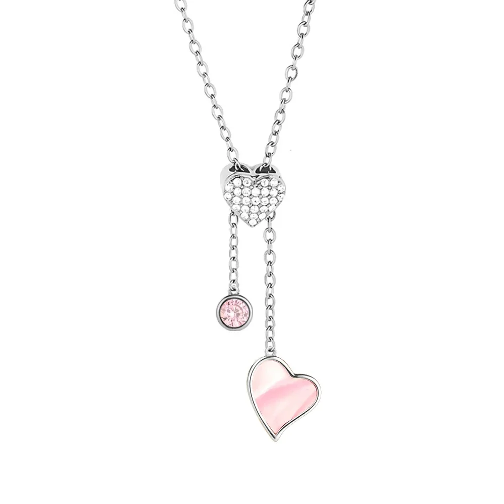Polished Stainless Steel Pavé Heart Pendant Necklace - Silver Heart D