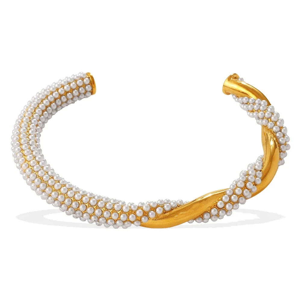Open Cuff Bracelet with Twisted Gold and Beaded Rows