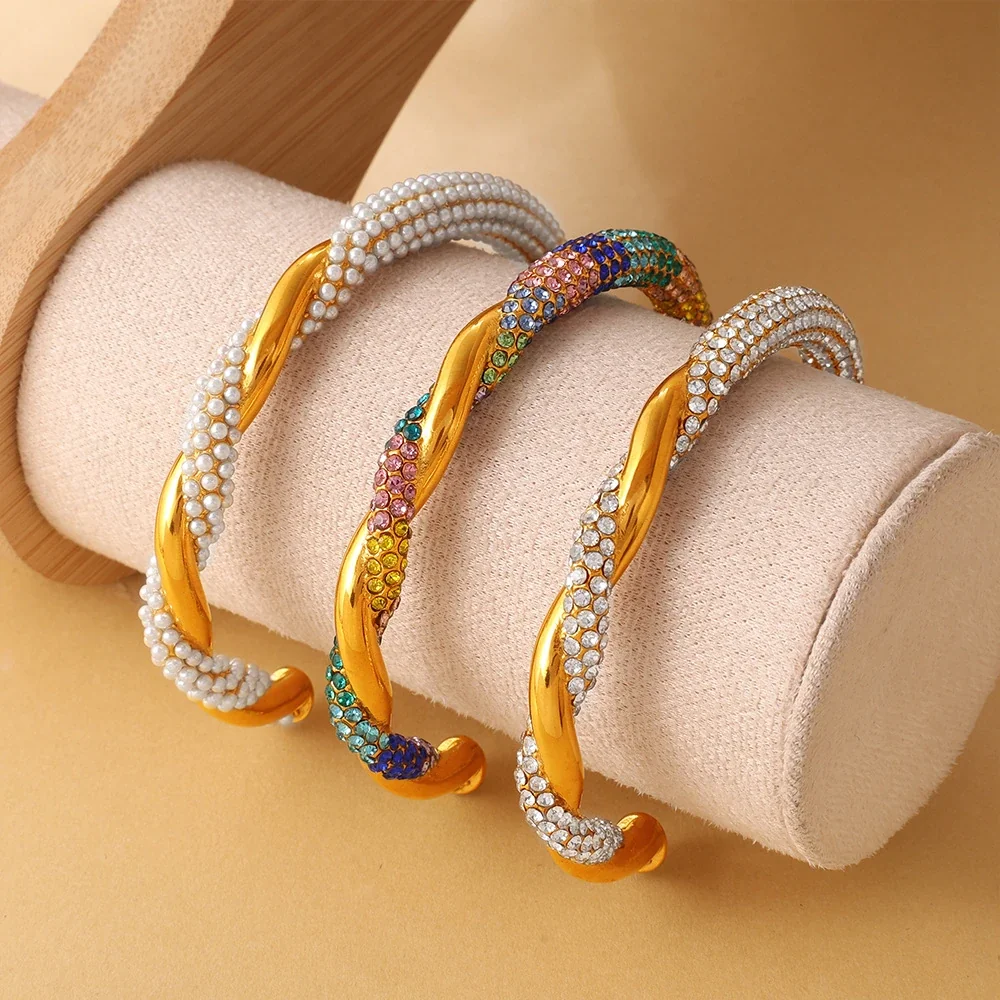 Open Cuff Bracelet with Twisted Gold and Beaded Rows