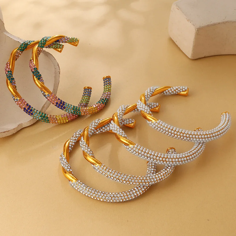 Open Cuff Bracelet with Twisted Gold and Beaded Rows
