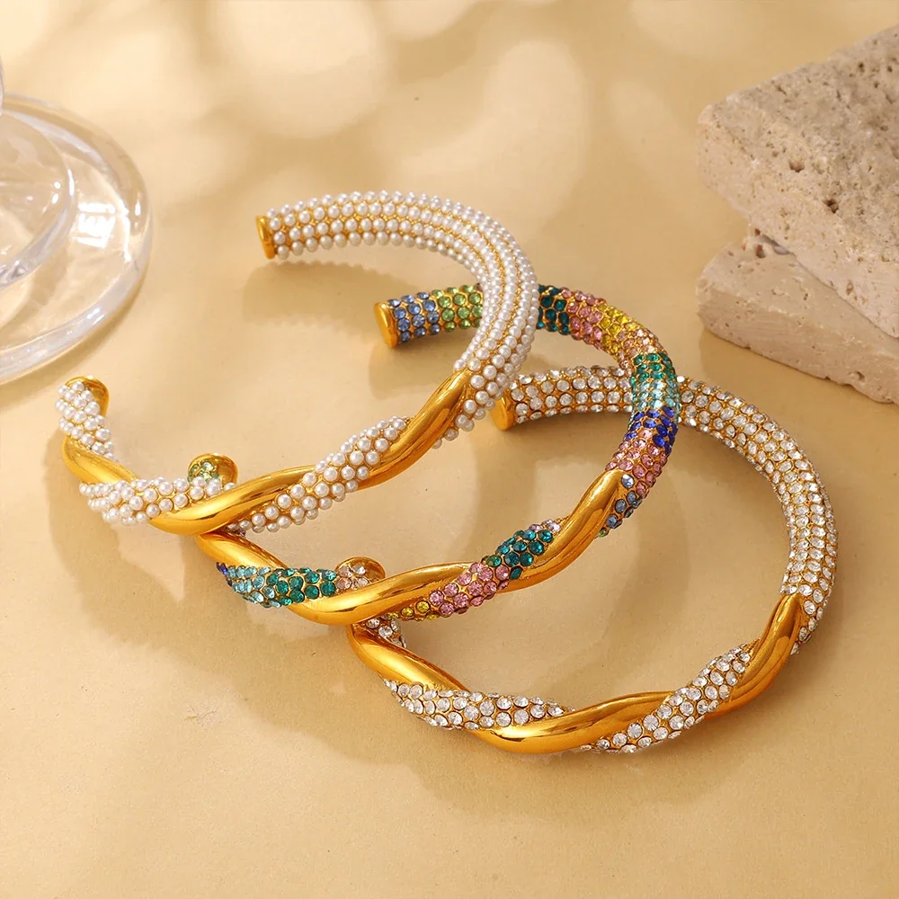 Open Cuff Bracelet with Twisted Gold and Beaded Rows