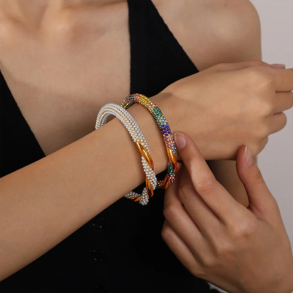 Open Cuff Bracelet with Twisted Gold and Beaded Rows