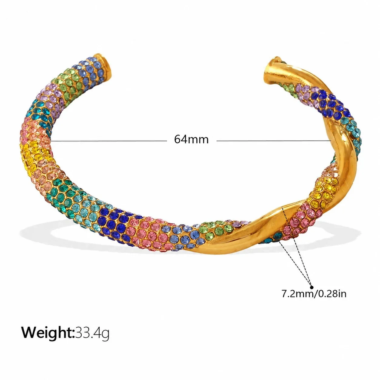 Open Cuff Bracelet with Twisted Gold and Beaded Rows - Multicolor Crystals