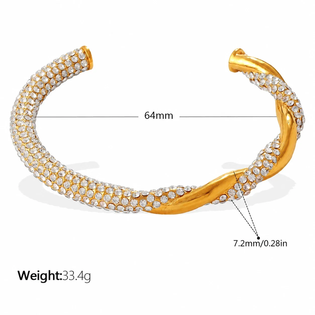 Open Cuff Bracelet with Twisted Gold and Beaded Rows - White Crystals