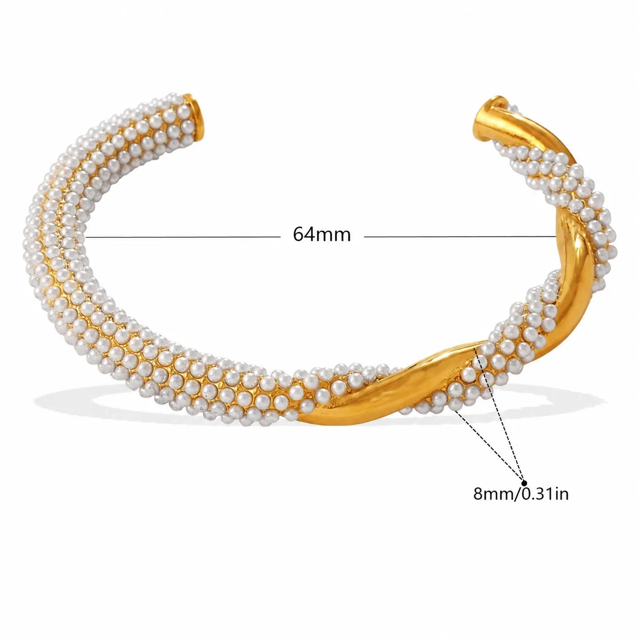 Open Cuff Bracelet with Twisted Gold and Beaded Rows - White Pearl-Effect Beads