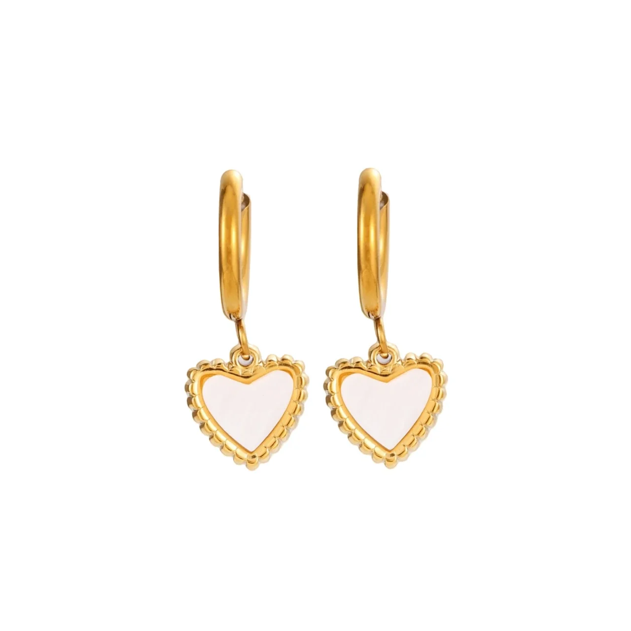 Brincos de Argola com Coração e Incrustação de Concha em Aço Inoxidável 316 PVD Dourado 18K