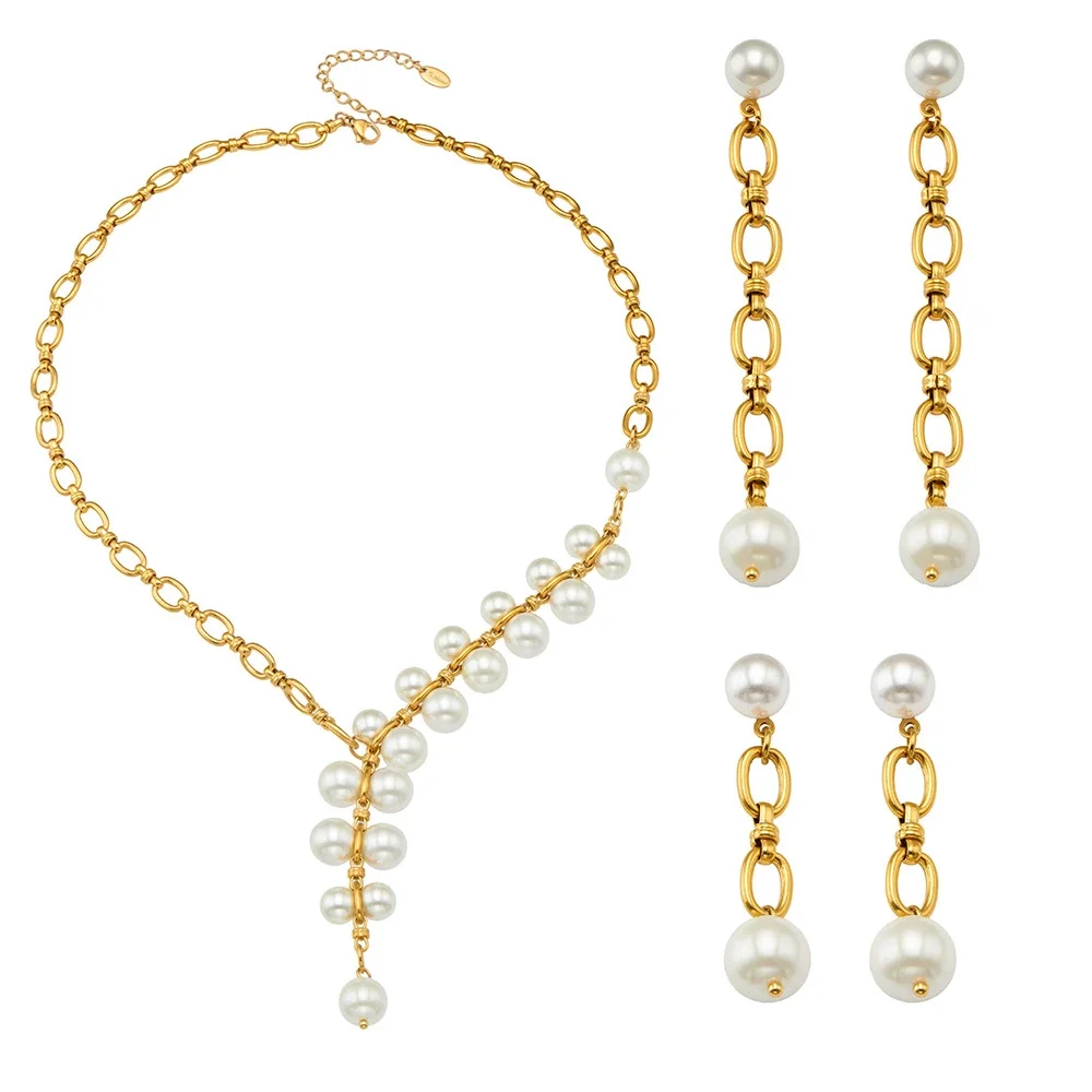 Asymmetric 316L Stainless Steel Gold PVD Paperclip Shell Pearl Set