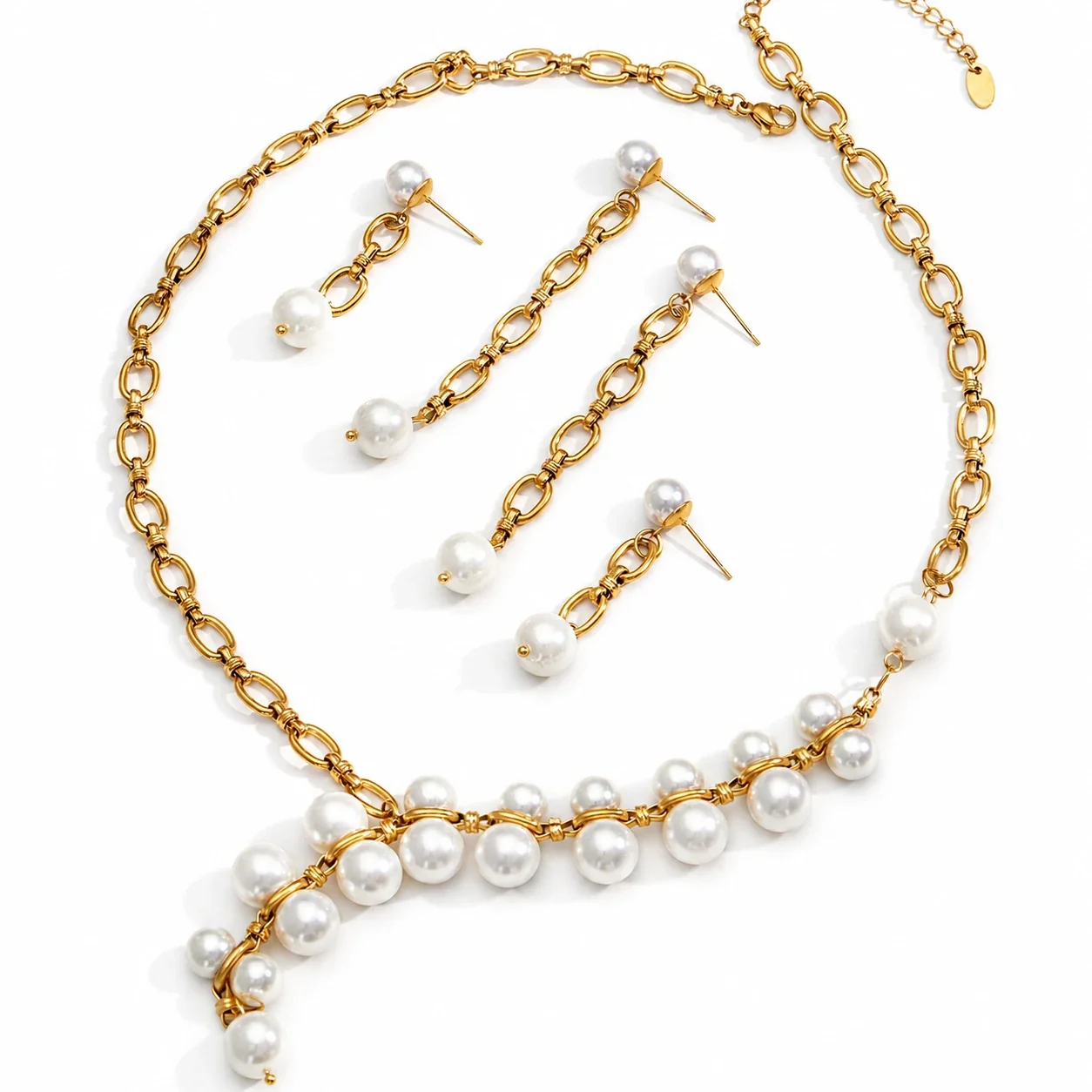 Asymmetric 316L Gold-Plated Paperclip Shell Pearl Set