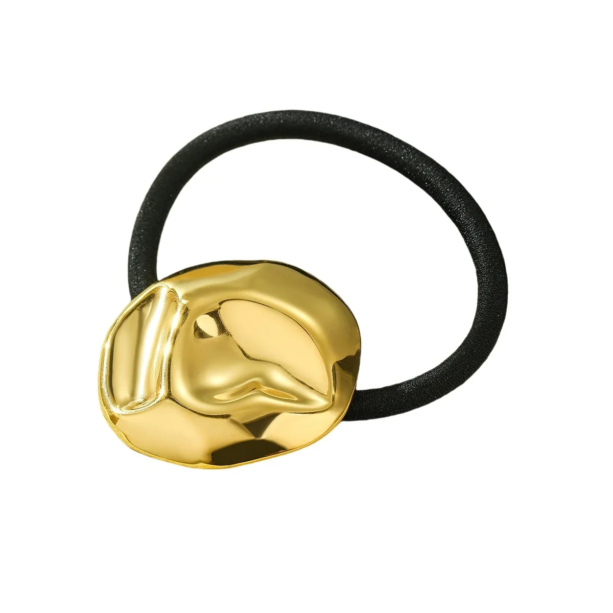 Hair Tie with Crumpled Round Gold-Plated Steel Charm