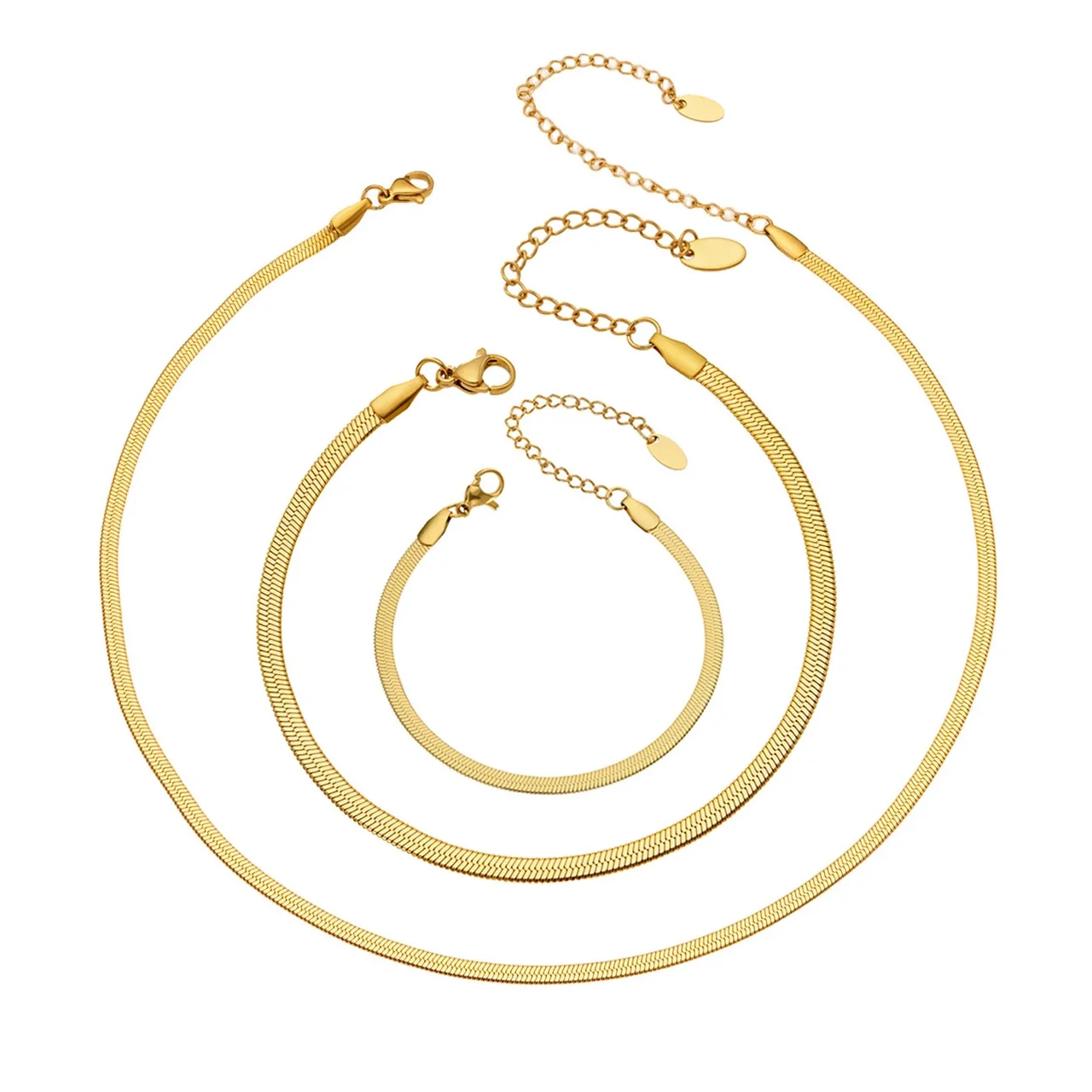 Sleek 18K Gold PVD 316 Stainless Steel Flat Herringbone Chain Jewelry Set
