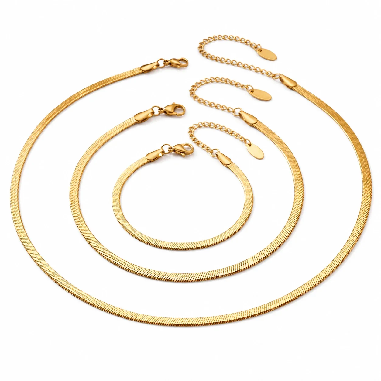 Sleek 18K Gold-Plated 316 Flat Herringbone Chain Jewelry Set