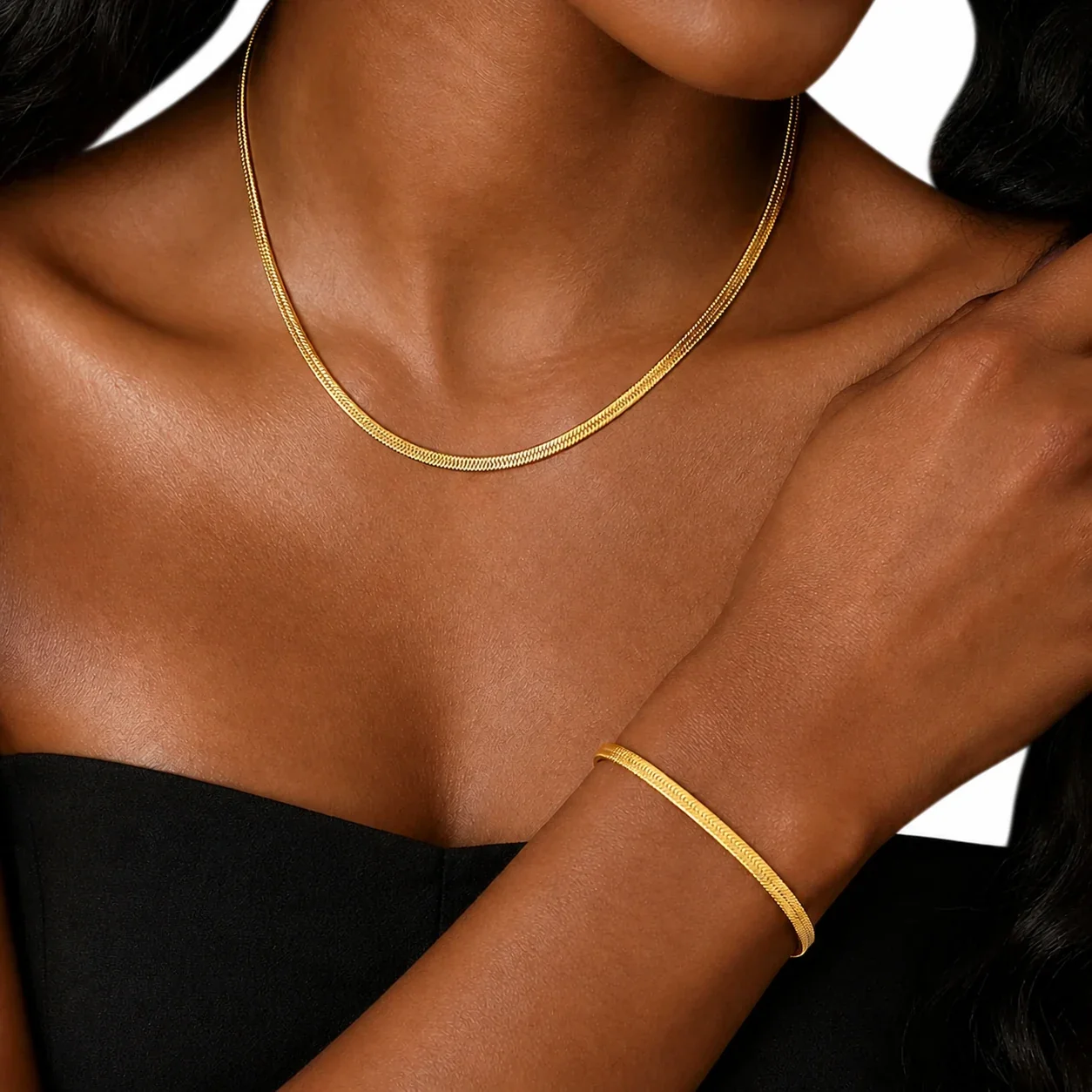Sleek 18K Gold-Plated 316 Flat Herringbone Chain Jewelry Set