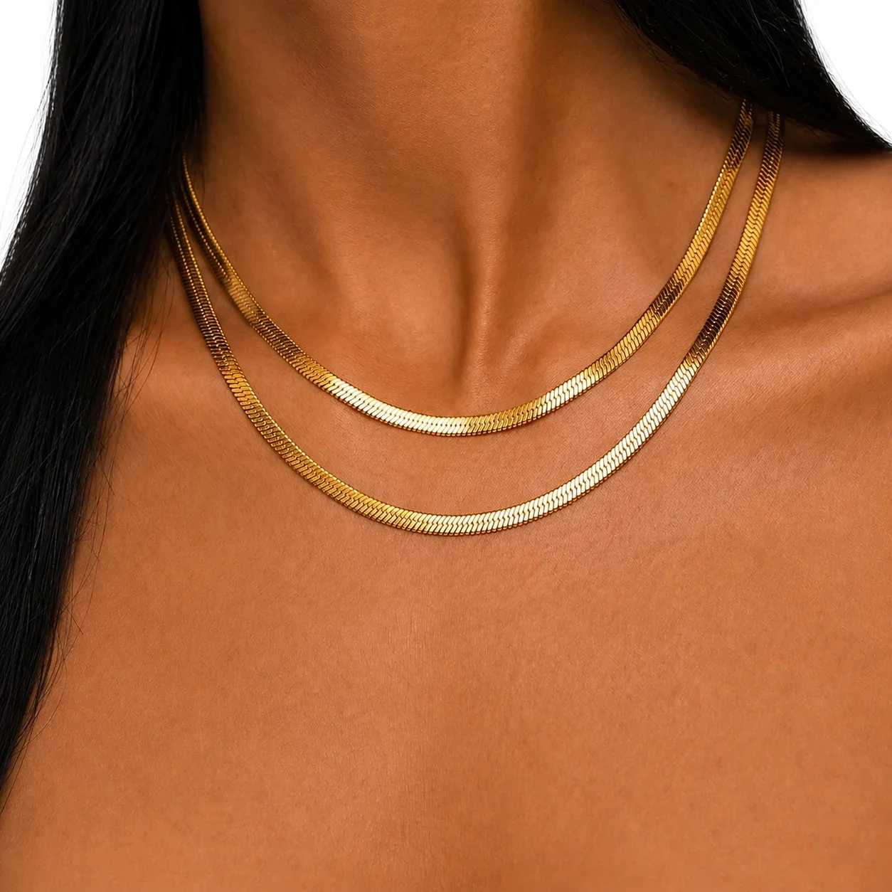 Sleek 18K Gold-Plated 316 Flat Herringbone Chain Jewelry Set