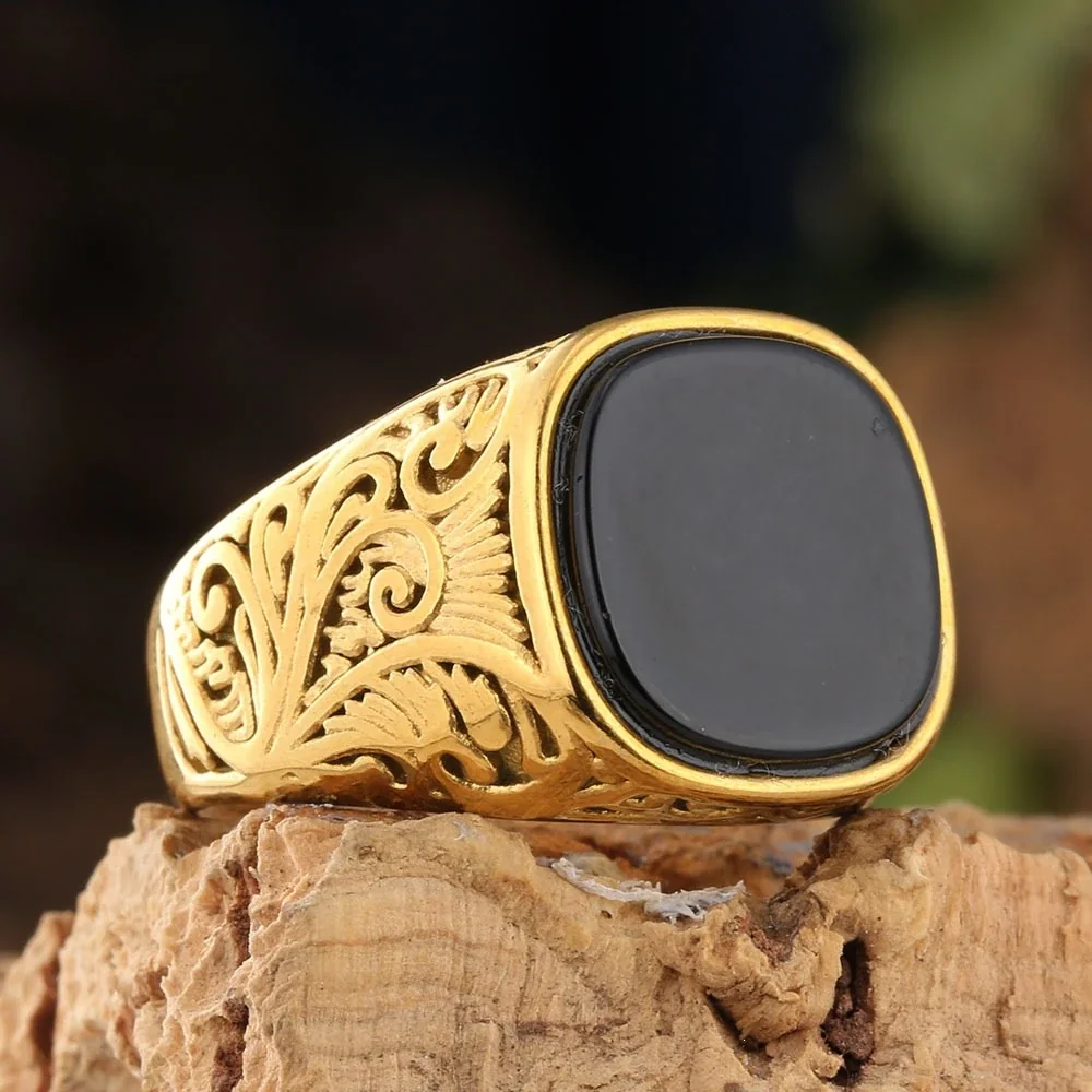 Foto del producto: Anillo de sello con cara negra en forma de cojín y filigrana de acero inoxidable 316