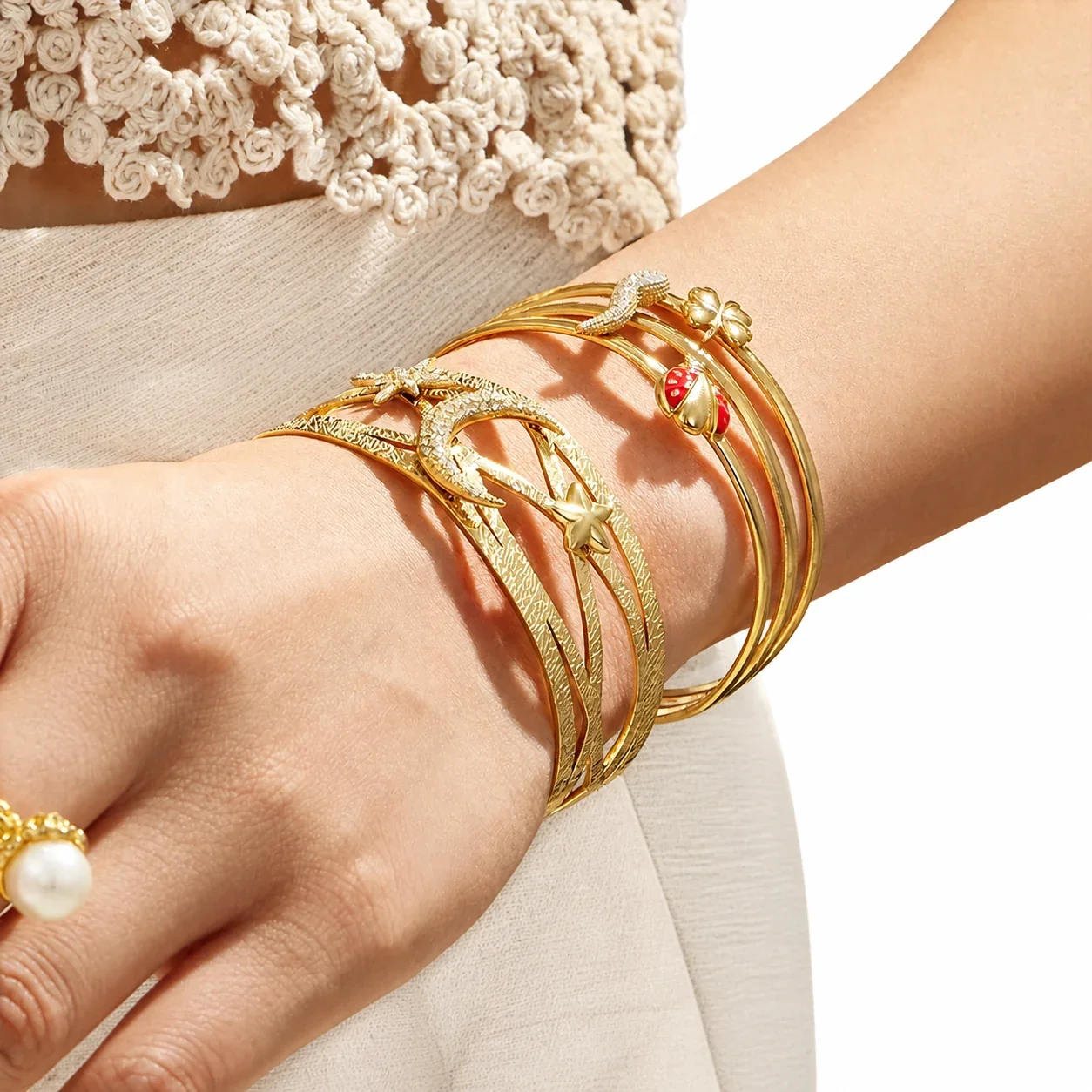Celestial 316L Stainless Steel Crescent Star Open Cuff