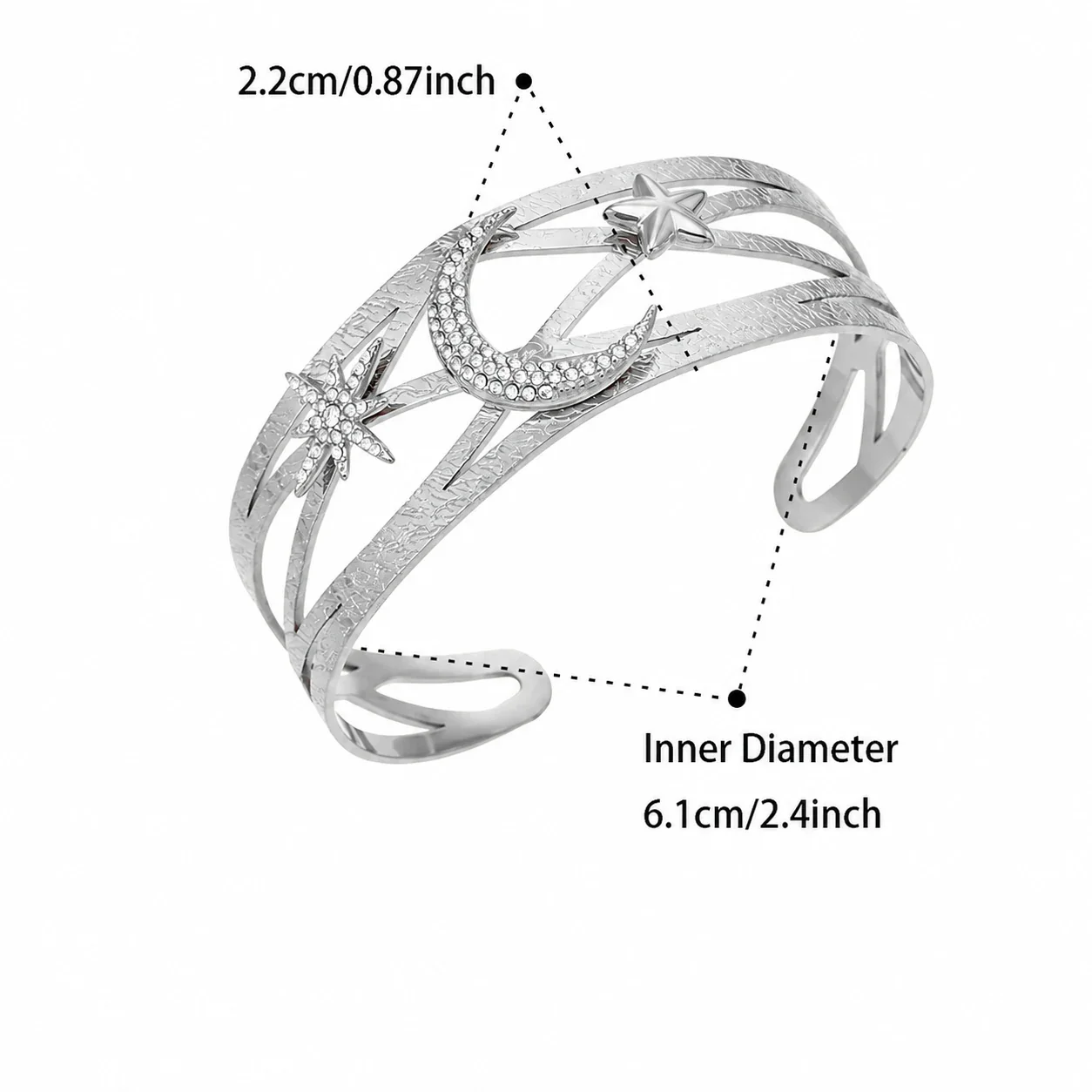Celestial 316L Stainless Steel Crescent Star Open Cuff - Silver Star Moon CZ