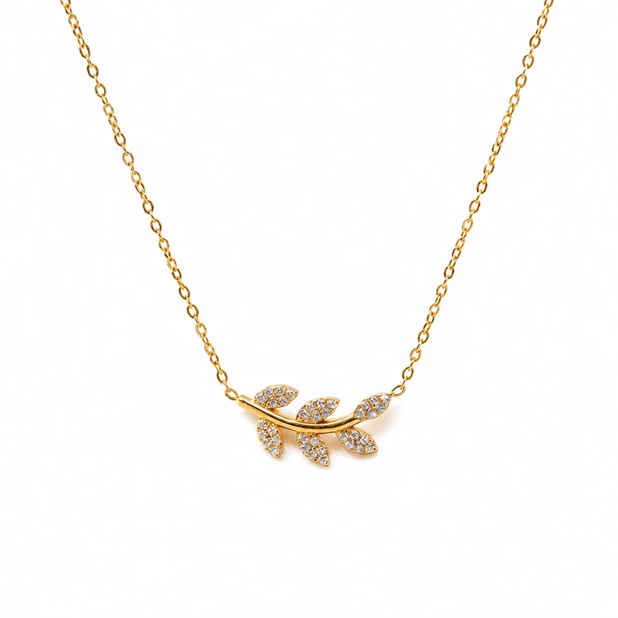 Necklace Leaf CZ Vine 18K Gold PVD 316 Stainless Steel - Gold Clear CZ